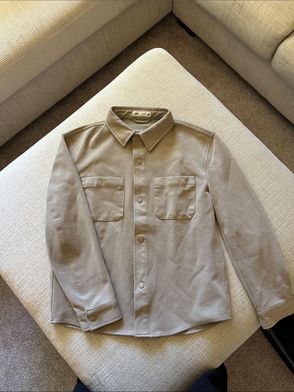 Zara Men's Light Beige Button-Front Shirt Jacket